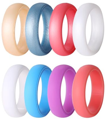 Oidea Womens Silicone Wedding Rings: 7 Colors 8mm Width Stackble Rubber Engagement Ring Bands Sets Valentine's Day Gift Jewelry Gifts for Women Ladies, Size 9