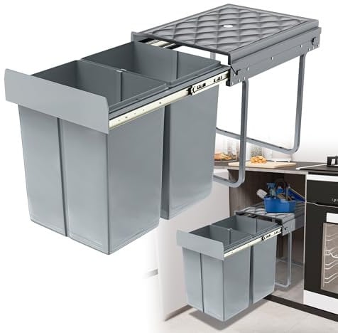 HENGMEI Einbaumülleimer Unterschrank Einbau-Mülleimer Küche Abfalleimer Ausziehbarer Abfallsammler Mülltrennsystem mit Teleskopschienen Grau(2x20L)