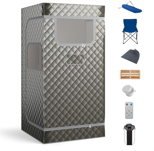 COSTWAY Sauna a Vapore Portatile 3L, Sauna da Casa con 9 Livelli di Regolazione della Temperatura da 35-63℃, Telecomando, Sedia Pieghevole e Massaggiatore per Piedi in Legno (Grigio)