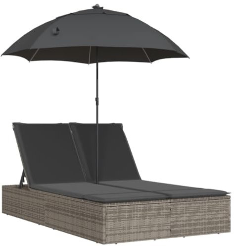 Chaise longue double avec coussins et parasol en rotin synthétique gris, wenjingqi-368083