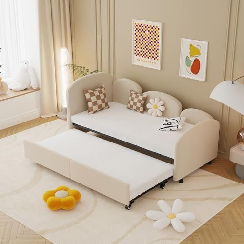 Lexiou 90x200cm Tagesbett in Twin-Size mit Schubladen, Samt Gepolstert Daybed, Schlafzimmer Wohnzimmer Modern Sofa Bed Daybed Frame für Wohnzimmer, Kinderzimmer, Schlafzimmer (Beige)