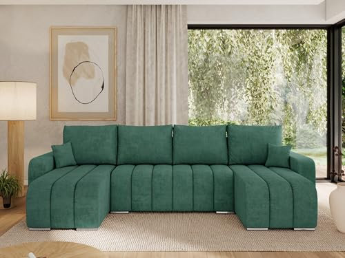 MKS MEBLE Sofa mit Schlaffunktion - Ecksofa mit Schlaffunktion und Bettkasten - Sofa 3 4 5 Sitzer - Schlafsofa - Couch - Schlafsofa mit Bettkasten - Kirasso U -Grün Struktur