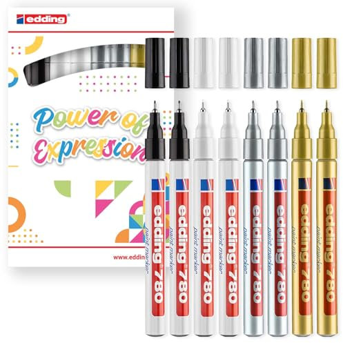 edding 780 gloss paint marker - essential colours - pack of 8 paint markers - extra-fine round nib 0.8 mm - paint pen for glass, pebbles, wood, plastic, paper - waterproof, high coverage