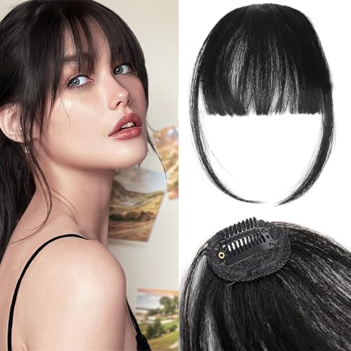 100% Echthaar-Clip-in-Pony für Damen – Natürlicher Pony-Look mit Schläfen, dünnem oder geschwungenem Pony (Naturschwarz)
