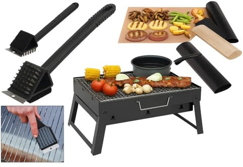 Super Kit de Mini Barbacoa Portátil Parrilla de Carbón Cepillo Rascador Estera Antiadherente Todo lo que Necesitas para Asar Donde Quieras Pack Completo Compacta Plegable Ideal para Viajes