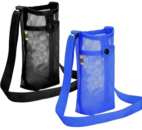 InteDesign 2PCS Mesh Water Bottle Carrier, Portable Water Bottle Bag with Adjustable Strap, Lightweight Water Bottles Carrier, Sports Bottles Bag for Hiking, Walking, Camping, Travel (Black Blue)