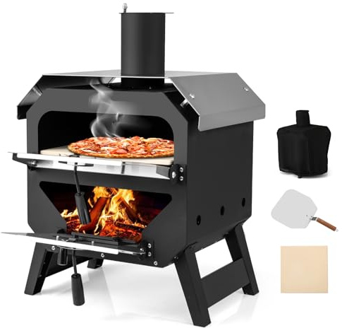 COSTWAY Outdoor Pizzaofen, Pizza Ofen mit Pizzaschaufel, Pizzastein, wasserdichter Abdeckung, Edelstahl-Dach & hitzebeständigen Griffen, tragbarer Brennofen, Holzofen für Picknick, BBQ-Party, Camping