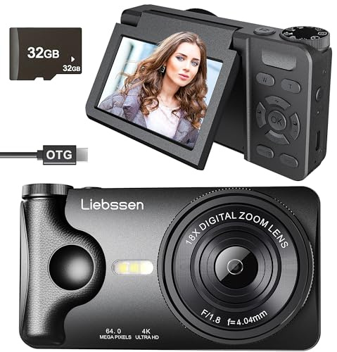 Fotocamera Digitale 4K 64MP Autofocus Ribaltabile 3,0 180° Ricaricabile Portatile per Foto&Vlog, Time Lapse, Slow Motion&20 Filtri 2000mAh 32GB, per Creator Social, Bambini e Principianti (Nero)