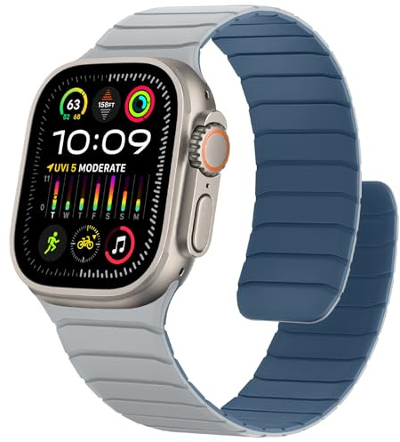 Sixmoat Magnetisches Silikon Armband Kompatibel mit Apple Watch 49mm 46mm 45mm 44mm 42mm, Wasserdichte Sport Armbänder Design für iWatch Ultra 3 2 1 SE Series 11 10 9 8 7 6 5 4 3, Nebelgrau-Blau