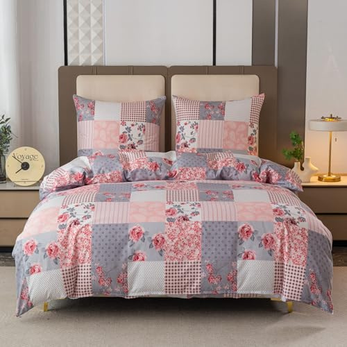 Cotton Market Bettbezug 160 x 200 cm 2 Kissenbezüge 70 x 80 cm Bettwäsche Set 3-teilig Patchwork-Design Paisley Rosen Mikrofaser mit Reißverschluss Leicht Weich Pflegeleicht