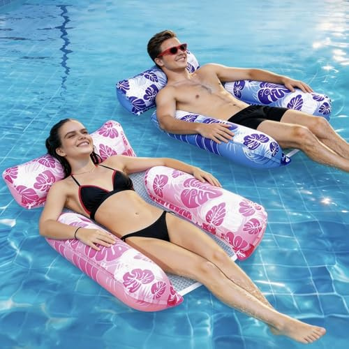 2 Pièces Fauteuil Gonflable Piscine, 4 in 1 Fauteuil Bouee Piscine Adulte | Hamac de Flottant Polyvalent avec Chaises Flottantes, Hamac Gonflable Filet, Adulte Accessoire, pour Plage Vacances