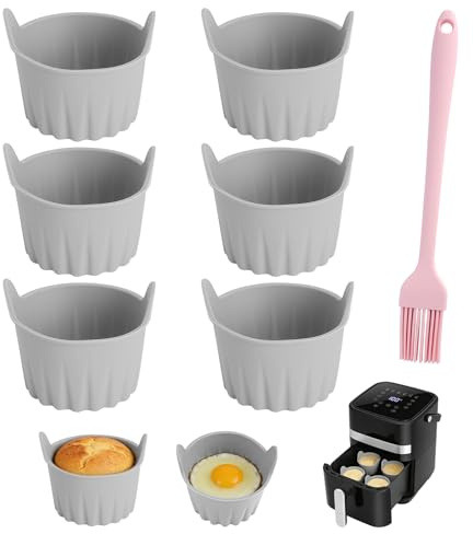 6 Pezzi pirottini per friggitrice ad aria in silicone con manici e pennello, pirottini silicone per friggitrice ad aria, stampo muffin friggitrice ad aria riutilizzabile per muffin, budino e dolci