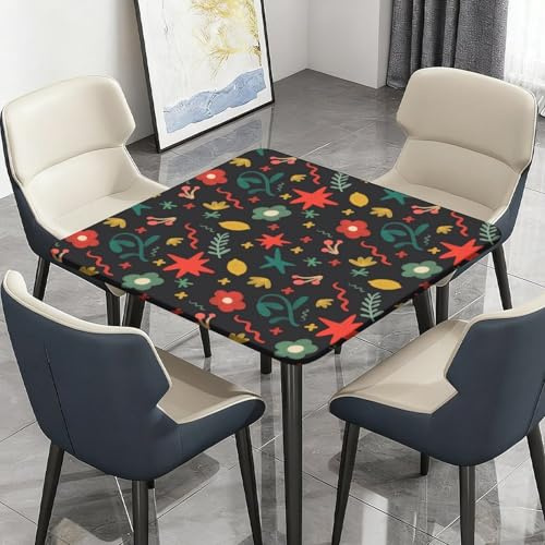 Highdi Cuadrado Mantel Impermeable, Flores Mantel de Tela Oxford Antimanchas Protector Mesa con Borde Elástico, Cubre Encimera para Cocina Comedor (Negro 1,90x90cm)