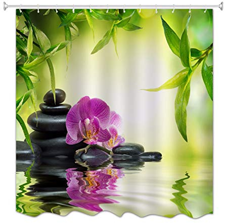 A.Monamour Yoga Meditation Zen Grüne Pflanzen Orchidee Blume Felsen Steine ??Wasser Natürliche Landschaft Drucken Umweltfreundliche Tuch Duschvorhang Badezimmer Dekoration 180X200 cm / 72 X78