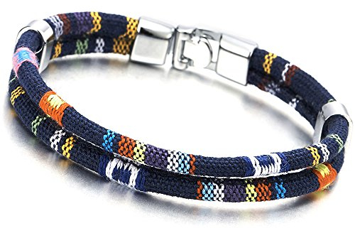 COOLSTEELANDBEYOND Blu Navy Due Filo Tribal Tibetano Handmade Cotone Braccialetto, Uomo Donna Ragazzi Bracciali da Avvolgere