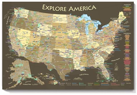 Nationalparks-Poster mit Reisezielen in den USA, braune Ausgabe, US-Reisekarte, Wandposter, Nationalpark-Checkliste (61 x 40,6 cm)