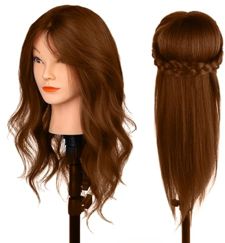 Frisierkopf 100% Echthaar, MYSWEETY Trainingskopf Echthaar Braun für Friseure und Kinder,45.7cm Lang Puppenkopf zum frisieren mit Haare Zubehör und Klein Tisch Halter