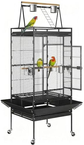 ZENY 68-Inch Birdcage, Playtop Parrot Cage, Wrought Iron Bird Cage with Rolling Stand, Heavy-Duty Pet Bird House for Parrot Cockatiel Cockatoo Parakeet Macaw Finches, Black