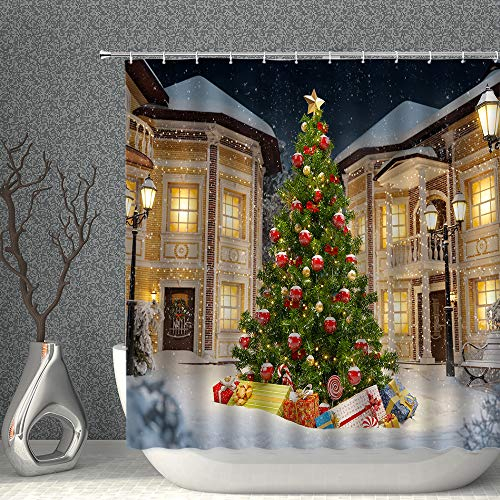 AMNYSF Duschvorhang, Weihnachtsbaum, mit Weihnachtskugeln, Geschenk, verschneites Haus, Winter, Schnee, Grün, Gold, Dekorstoff, Badezimmer, Vorhänge, 178 x 178 cm, wasserdicht, Polyester mit Haken