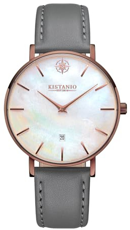 Kistanio Moyen Flache Damenuhr mit Lederband Saphirglas 38 MM Durchmesser Edelstahl Datum Verschiedene Variationen