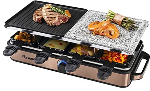 Bestron 2-in-1 Raclette-Partygrill: elektrisches Raclette für bis zu 8 Personen, kratzfester Naturgrillstein & antihaftbeschichtete Grillplatte, 8 Pfännchen & 8 Schaber, 1.400 Watt, Farbe: Kupfer