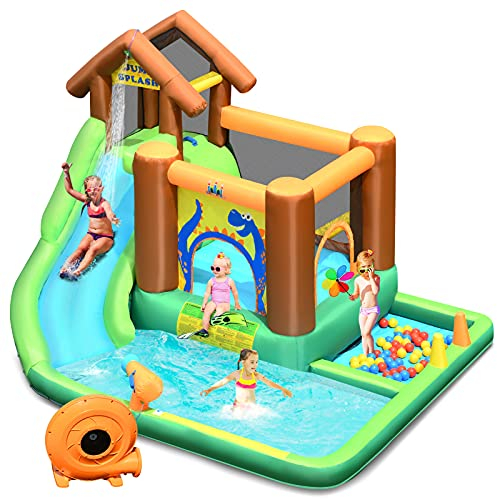 GOPLUS Aufblasbarer Hüpfburg, Wasserpark mit Rutsch und Kletterwand, Planschbecken für Kinder 3+ Jahre, Spielpool im Outdoor, inkl.Tragetasche, 300x300x230cm (Dinosaurier, Mit Gebläse)