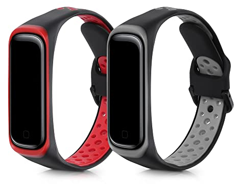 kwmobile Straps Compatible with Samsung Galaxy Fit 2 Straps - 2x Replacement Silicone Watch Bands - Smartwatch or Fitness Tracker - Black/Red/Black/Grey