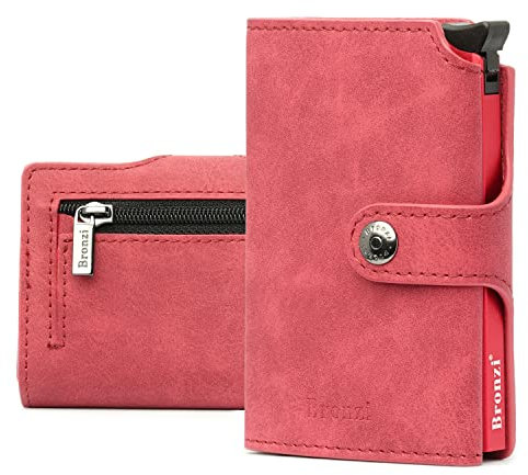 Bronzi Portafoglio Portafoglio Uomo Slim - In Pelle Marrone - Porta Carte Credito - Portacarte uomo - Mini Porta Tessere (Rosso)