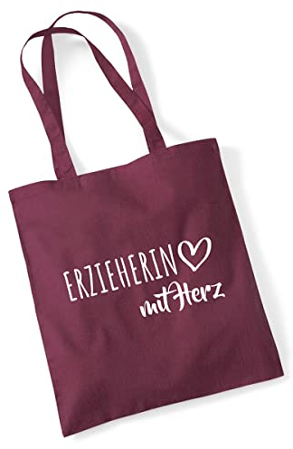 Huuraa Einkaufsbeutel Erzieherin mit Herz Geschenk 10 Liter Burgundy Baumwolle Erzieherin Überraschung