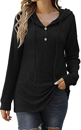 PYUIYY Damen Casual Hoodies Tunika Tops Langarm Knopf Kapuzen Sweatshirts Pullover mit Kordelzug Langlaufski Set Damen Klassisch Komplett (B-Black, XXL)