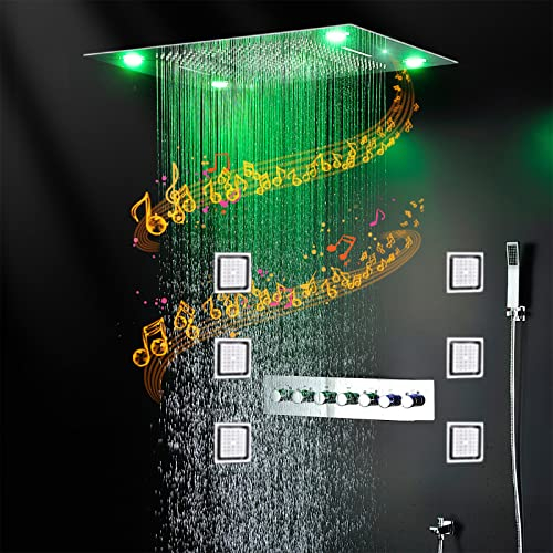 Billg Sistema de Ducha Musical Juego de Grifo de Ducha termostático LED 60 * 80cm Cabezal de Ducha de Lluvia Juego Combinado de Ducha de Lluvia Oculta de 6 vías Ducha de Mano, Grifo de bañera(Plata