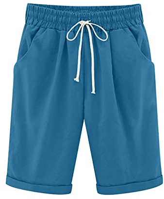 oglccg Half Pants Plus Size Knee Length Cotton Linen Shorts with Pockets Summer Solid Beach Vacation Shorts Straight Leg Trousers Drawstring Elastic Waist Bermuda Shorts Work Shorts, #04 Blue, 3XL