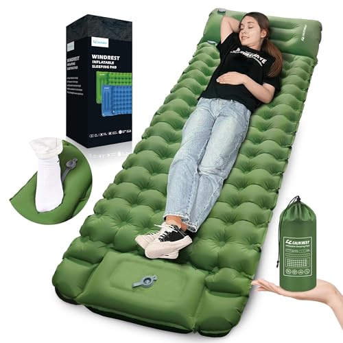 COOLERO Schlafmatte für Camping, ultraleichte, aufblasbare Luftmatratze mit integrierter Pumpe, tragbare Campingunterlage mit Kissen, kompakte, leichte, Bequeme Schlafmatte für Camping, Wandern, Zelt