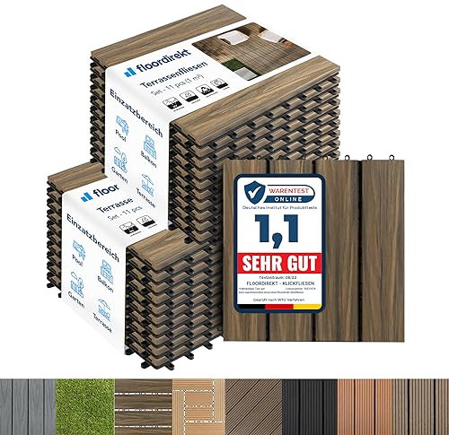 Floordirekt WPC Fliesen 30x30 cm, 2m² = 22 Terrassenfliesen, Klickfliesen, Balkonfliesen in Holzoptik - Bodenbelag für Balkon & Terrasse - wetterfest mit Drainagefunktion | Mix Teak
