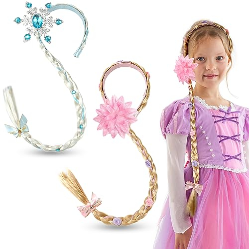 HIFOT Perruque Princesse Blonde Longue Tresse Elsa/Rapunzel Cosplay Couronne et Fleurs