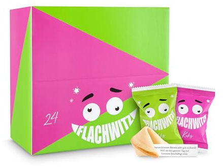 Glückskekse Flachwitze 24er Packung grün und pink | Glückskekse lustige Flachwitze für Kinder und Erwachsene zur Party, Geburtstag, Candybar, Geschenk | Kekse frisch gebacken vegan & made in Germany