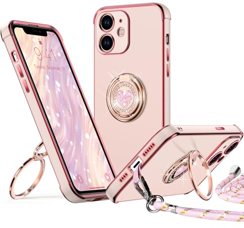 XYZ iPhone 11 Case with Stand, Heart Lanyard for Girls Women, Luxury Cute Bling Protective Phone Cover for iPhone 11, Pink