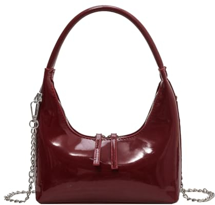 GSenhui Borsa a tracolla da donna con catena luccicante, in pelle laccata, con chiusura lampo, borsa a tracolla, A2-vino rosso