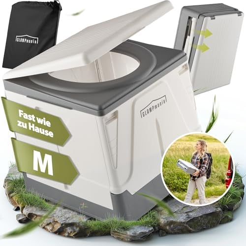 GLAMPmania Campingtoilette ohne Chemie [SEHR STABIL bis 85kg] für Tüten | Platzsparend, Flexibel und Clean | Die Mobile Toilette für Outdoor Camping, Festival, Stau, Zelten | Farbe Wählen (M weiß)