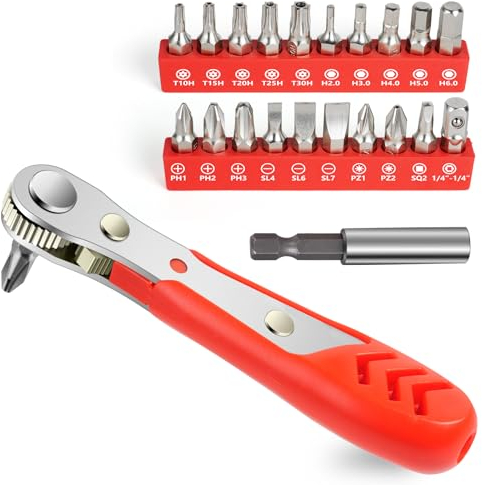 OSDUE Mini Ratchet Wrench and Offset Reversible Screwdriver, Right Angle Phillips Magnetic, 1/4 Inch Drive High Torque, Awkward Spaces, with Screwdriver Bits Set