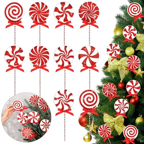 Wettarn 10 palillos de árbol de 8.7 pulgadas, palillos de caramelos, palillos de árbol de Navidad con cinta, decoraciones de árbol de Navidad para decoración del árbol de Navidad, jarrón para el