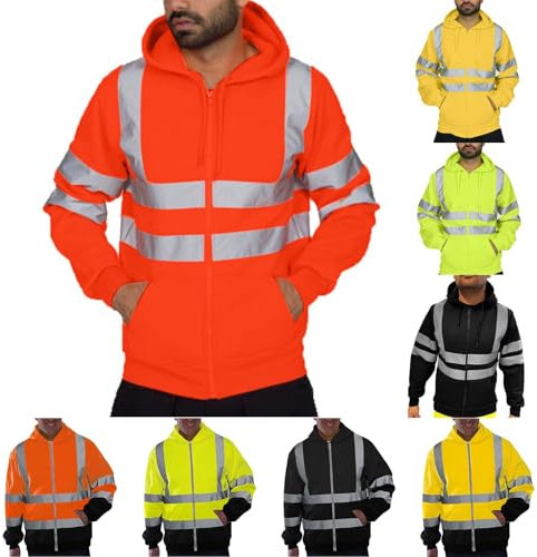 UHouse Jacke Herren Warnschutz Arbeitsjacke mit Kapuze Oversized Kapuzenjacke Leichte Fahrradjacke Warn Jacken Freizeit Softshelljacke Outdoor Zipper Hoodie Reflektierende Jacket Orange M