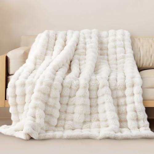 Miyacare Kuscheldecke 130x160 cm, Kaninchen Plüsch Decke, Super Soft Wohndecke Dick 1000GSM Couchdecke Warme Überwurfdecke Sofadecke für Sofa Schlafzimmer Büro (Weiß, W130 x L160CM)