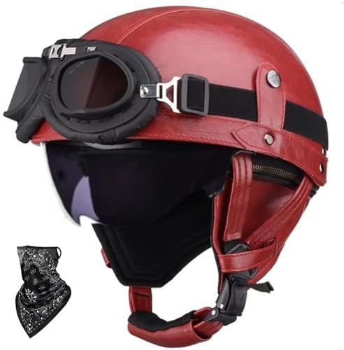 Beyswage DOT/ECE Zulassung Leder Halbschalenhelm, Retro Motorrad Halbhelm mit Brille, Schnellverschluss Schnalle, Erwachsene Halbschale Jet-Helm, Cruiser, Scooter Helm Vintage(55~62CM)