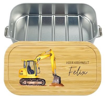 FeierZwerge - Personalisierte Brotdose für Kinder mit Bambusdeckel - Bagger Design - Robuste und Individuelle Brotdose personalisiert - Personalisierte Kinder Geschenke - 700ml (Bagger 1)