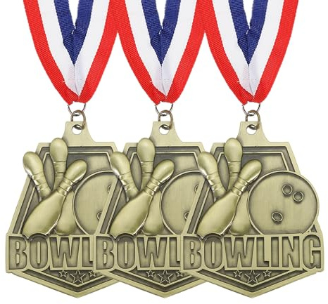 PATIKIL Bowling-Spiele Prägung Goldmedaillen 3 Stück | roten & weißen & blauen Bändern Gewinnermedaillen Gold Silber Bronze Preise für Wettbewerbe Sportparty Gold