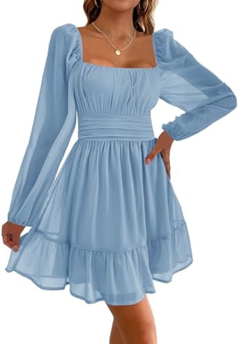 Imily Bela Robe de soirée pour femme - Col carré - Mini robe en maille - Taille haute - Plissée - Manches longues - Invité de mariage - Avec volants