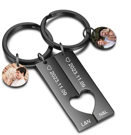 Kiddo Sky Lot de 2 Porte-clés Personnalisés pour Couple, Porte-clés Puzzle en Forme de Cœur, Porte-clés Assorti, Cadeaux pour Petit Ami Petite Amie (Noir, Photo)