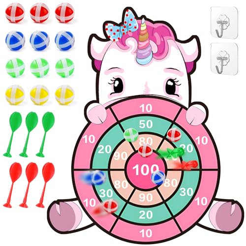 Einhorn Spielzeug für 4-12 Jahre, 71cm Klett Dartscheibe Kinder mit 12 Klebrigen Bällen, 6 Klebrige Darts, Drinnen und Draußen Dart Wurfspiel Set für Kinder, Geschenke für Mädchen für Kinder 4-12