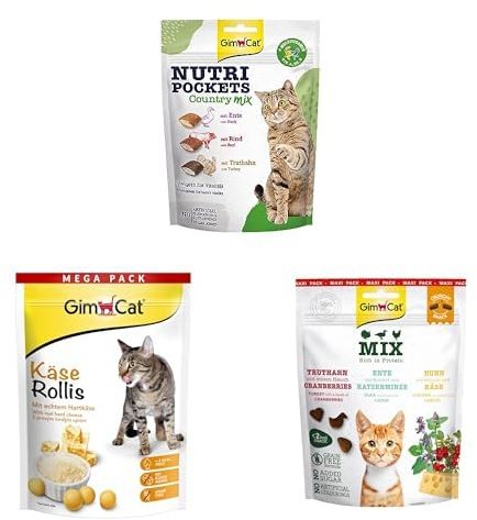 Bundle GimCat Nutri Pockets, Käse Rollis + Crunchy Snack - Knuspriger Katzensnack mit cremiger Füllung und funktionalen Inhaltsstoffen + Katzensnack mit echtem Hartkäse + GimCat Crunchy Snacks Mix